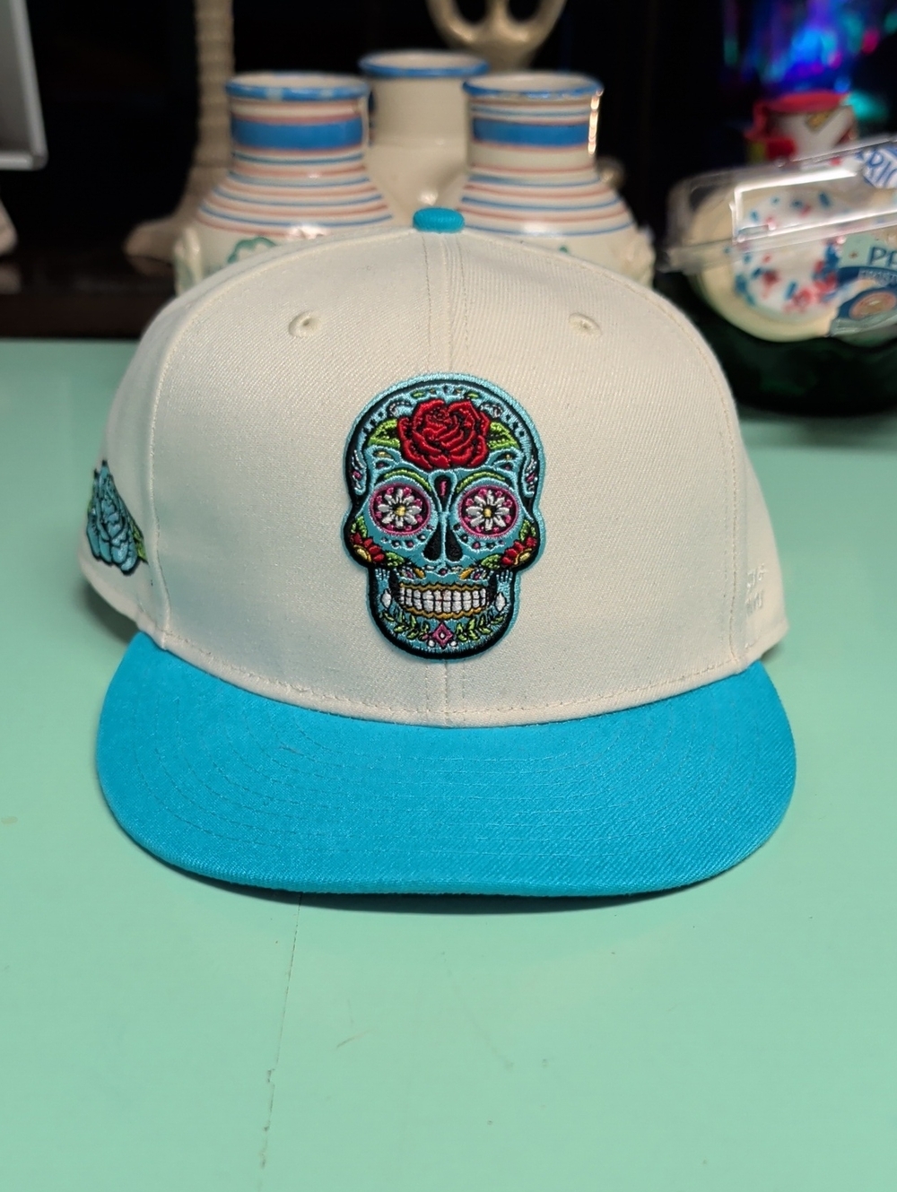 White and Turquoise Sugar Skull Snapback Hat